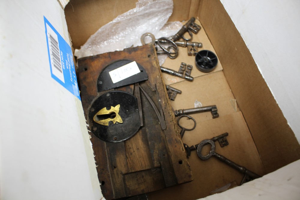 Four assorted old, probably antique, door locks and ten assorted keys